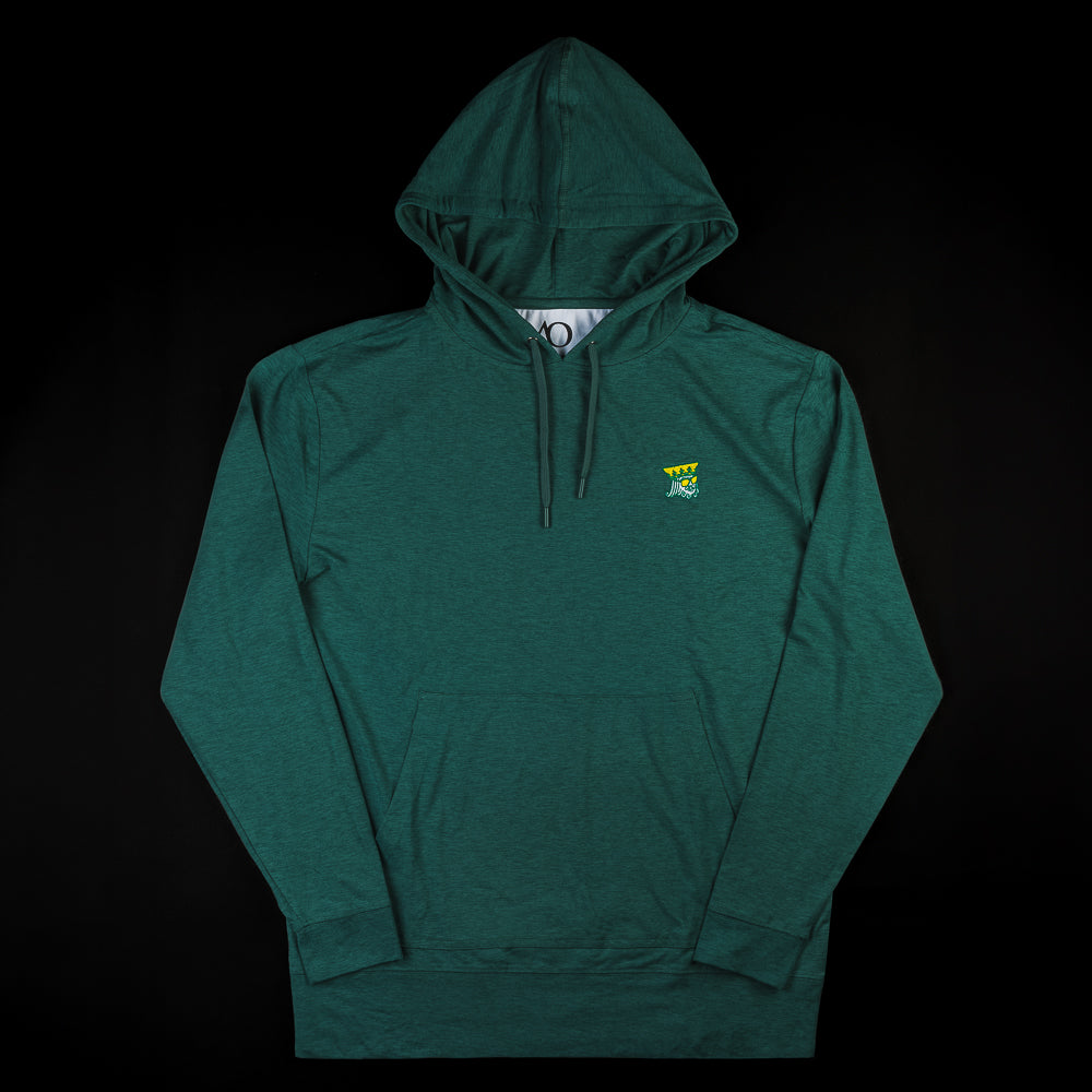 SWAG Golf x AndersonOrd Bayberry green heather men's long sleeve golf hoodie with king embroidered detail on left chest.