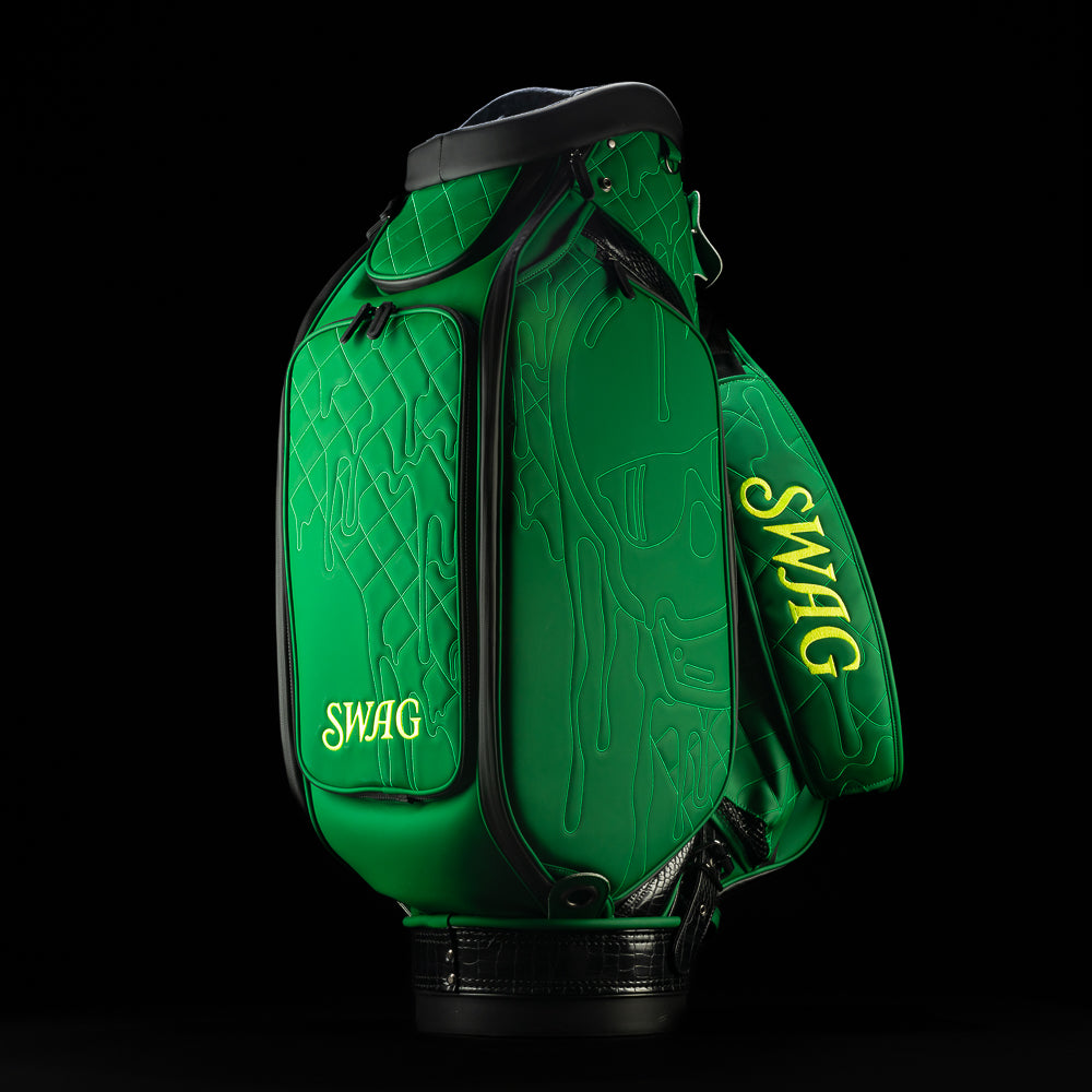 SWAG Golf green quilted melt skull tour staff golf bag with faux croc details.