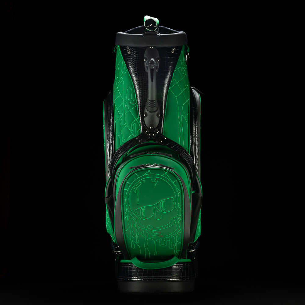 SWAG Golf green quilted melt skull tour staff golf bag with faux croc details.