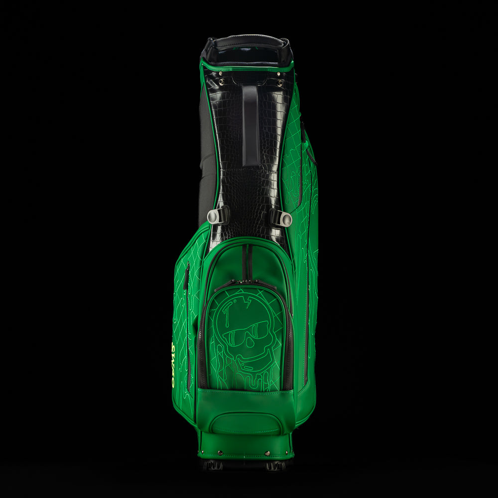 SWAG Golf quilted melt green, black, and yellow golf stand bag.