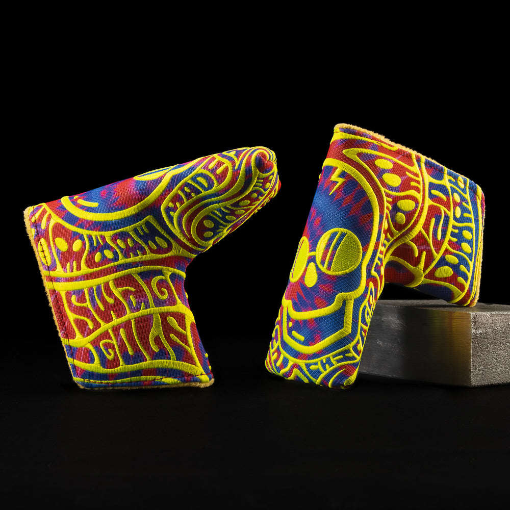 SWAG Golf yellow, blue, and red psychedelic skull tie-dye blade putter golf headcover made in the USA.