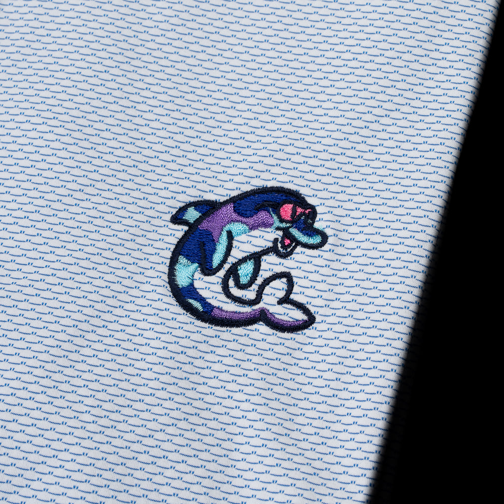 SWAG Golf x G/Fore men's jacquard short sleeve blue golf polo shirt with flipper logo over the left chest.