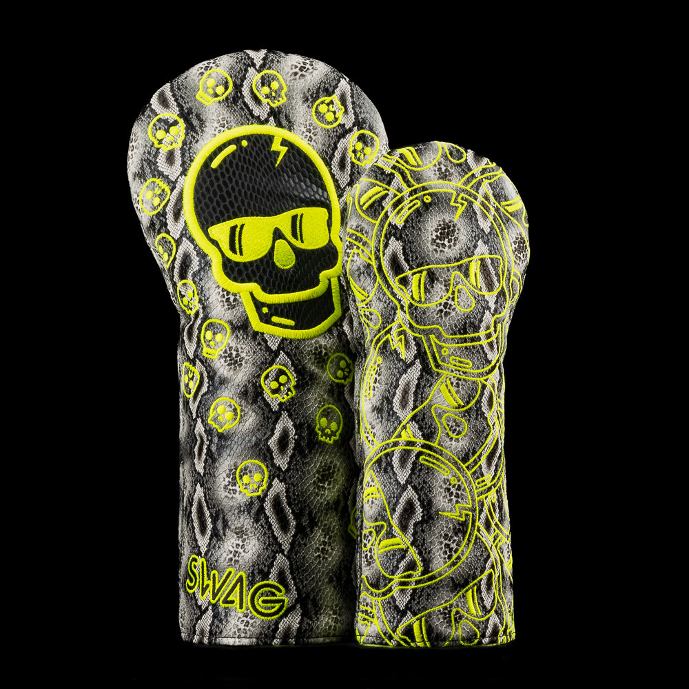 SWAG Golf faux snakeskin skull golf headcover set that includes 1 driver headcover and 1 fairway headcover.