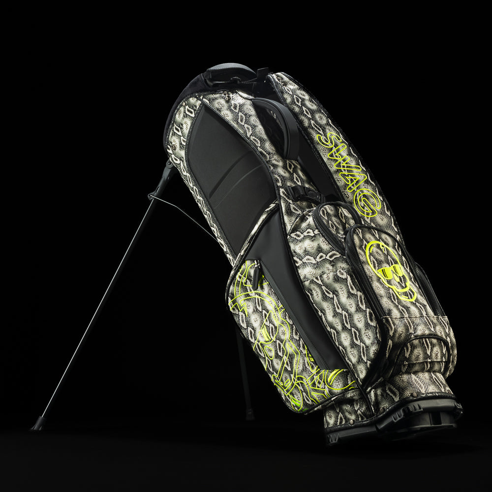 SWAG Golf faux snakeskin black, grey, and neon yellow golf stand bag.