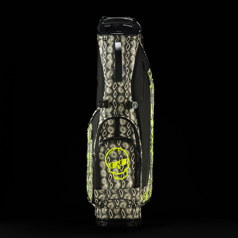 SWAG Golf faux snakeskin black, grey, and neon yellow golf stand bag.
