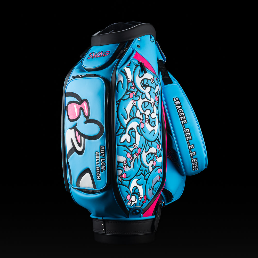 SWAG Golf blue and pink flipper golf tour staff bag.