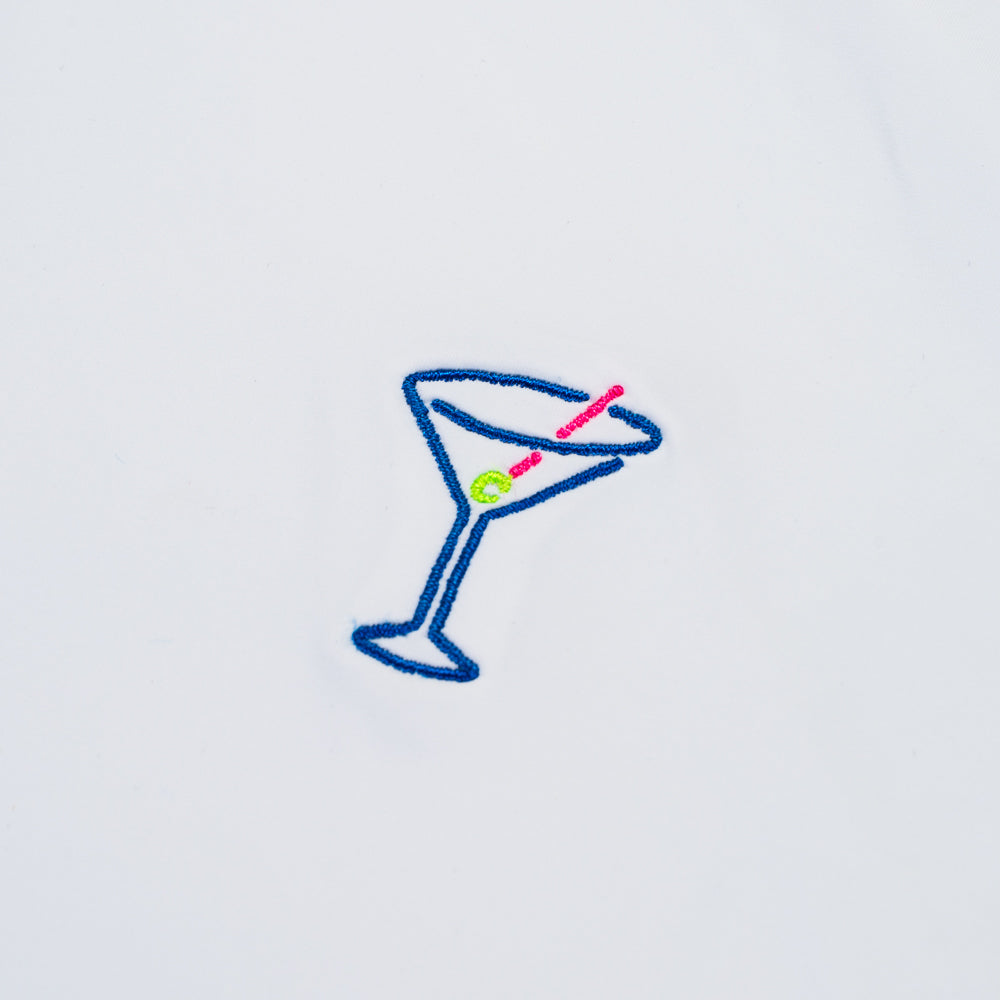 SWAG Golf x G/Fore Women's white long-sleeve nylon tech quarter zip pullover with martini graphic on the left chest.