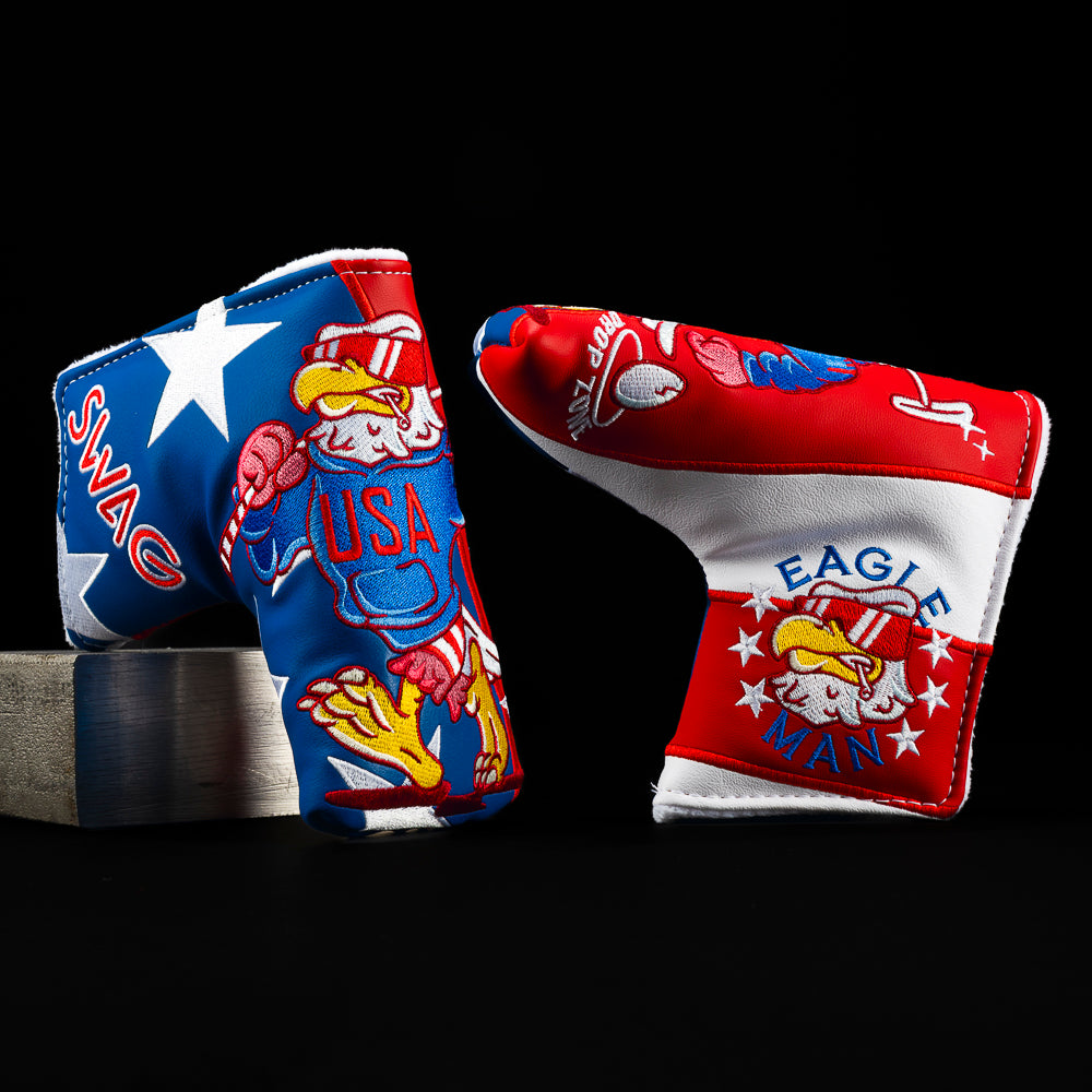 Eagle Man patriotic blade putter golf headcover in red, white, and blue with bold USA eagle graphics.