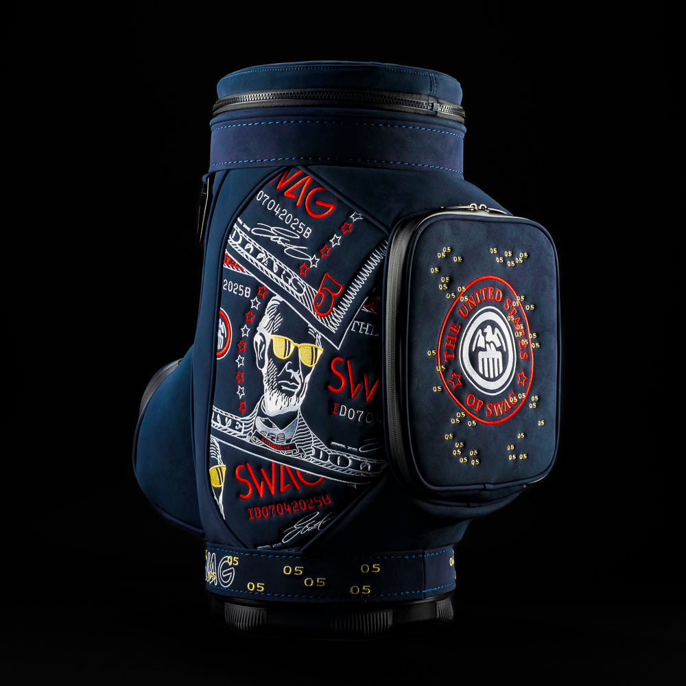 RWB Lincoln Den Caddy insulated cooler blue bag featuring embroidered $5 bill graphics and United States of SWAG emblem.