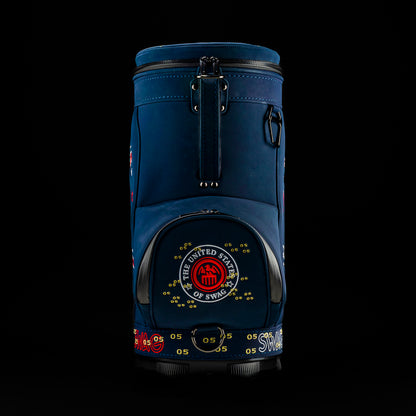RWB Lincoln Den Caddy insulated cooler blue bag featuring embroidered $5 bill graphics and United States of SWAG emblem.