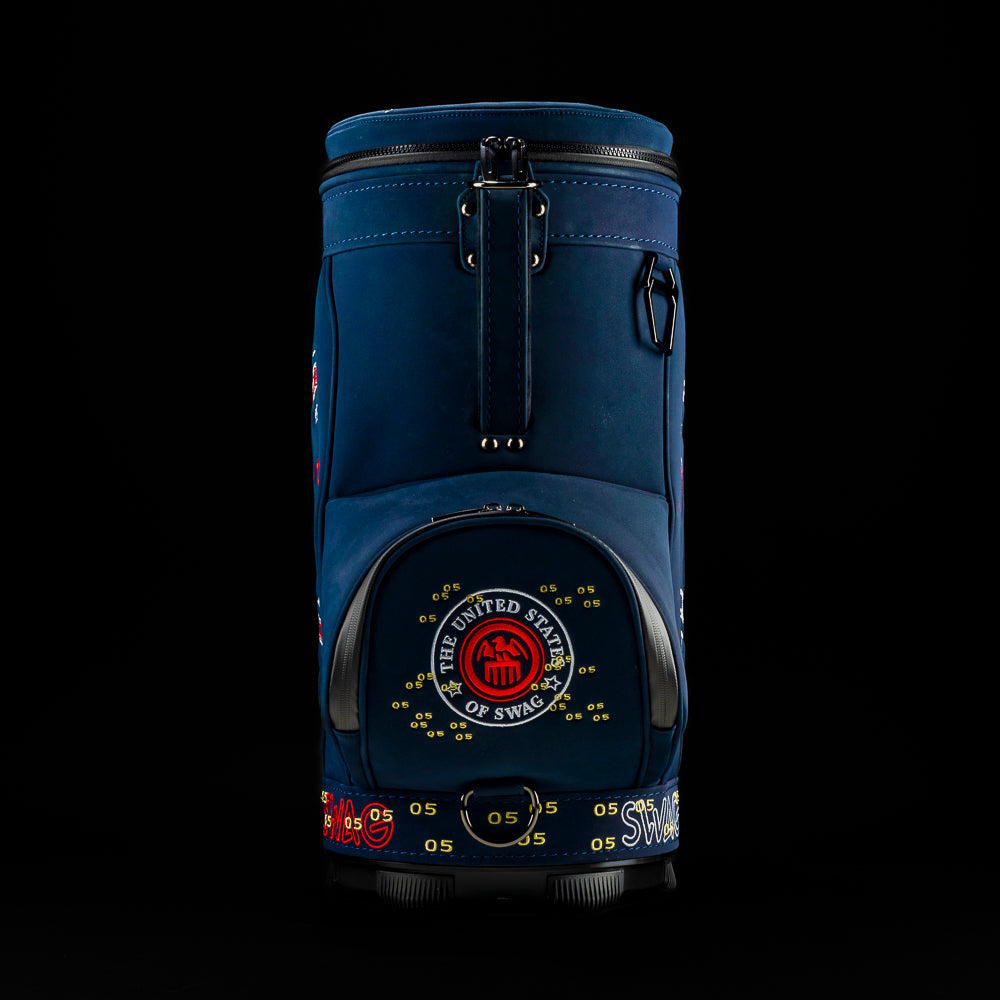 RWB Lincoln Den Caddy insulated cooler blue bag featuring embroidered $5 bill graphics and United States of SWAG emblem.