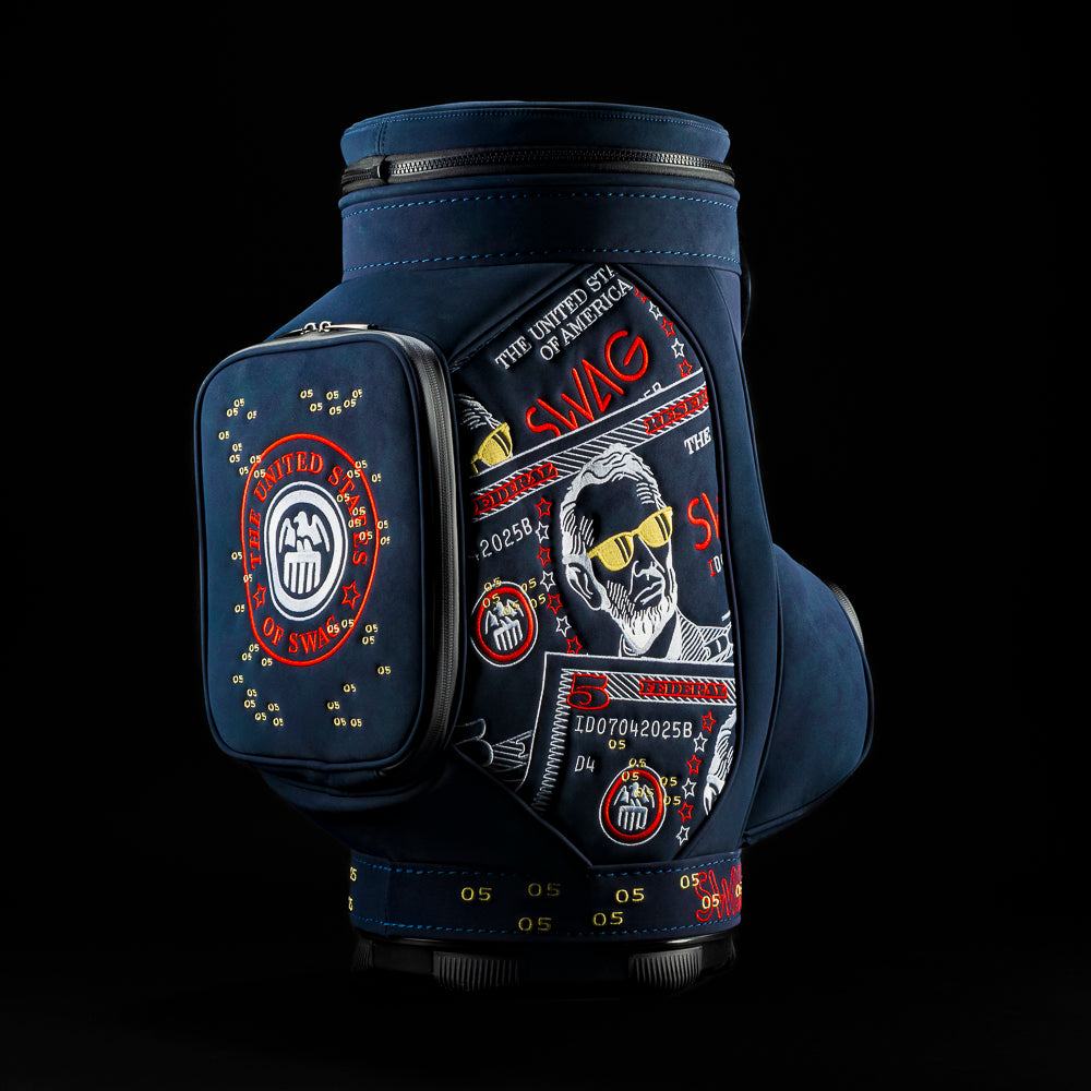 RWB Lincoln Den Caddy insulated cooler blue bag featuring embroidered $5 bill graphics and United States of SWAG emblem.