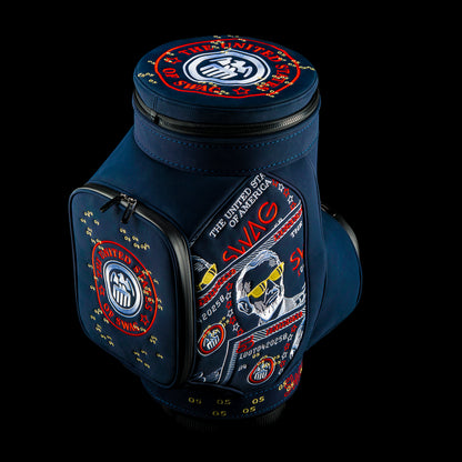 RWB Lincoln Den Caddy insulated cooler blue bag featuring embroidered $5 bill graphics and United States of SWAG emblem.