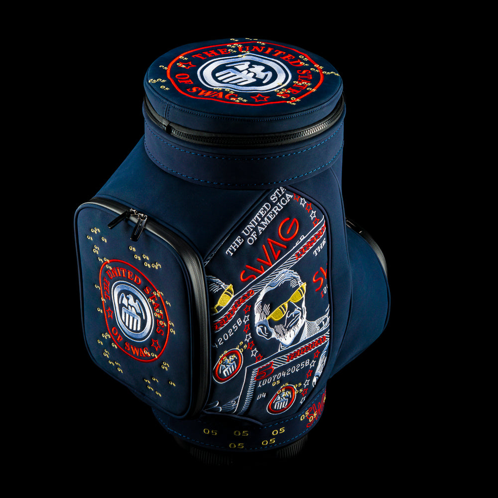 RWB Lincoln Den Caddy insulated cooler blue bag featuring embroidered $5 bill graphics and United States of SWAG emblem.