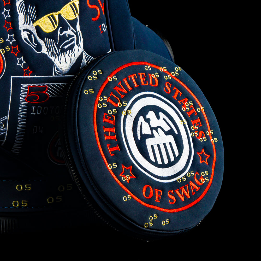 RWB Lincoln Den Caddy insulated cooler blue bag featuring embroidered $5 bill graphics and United States of SWAG emblem.