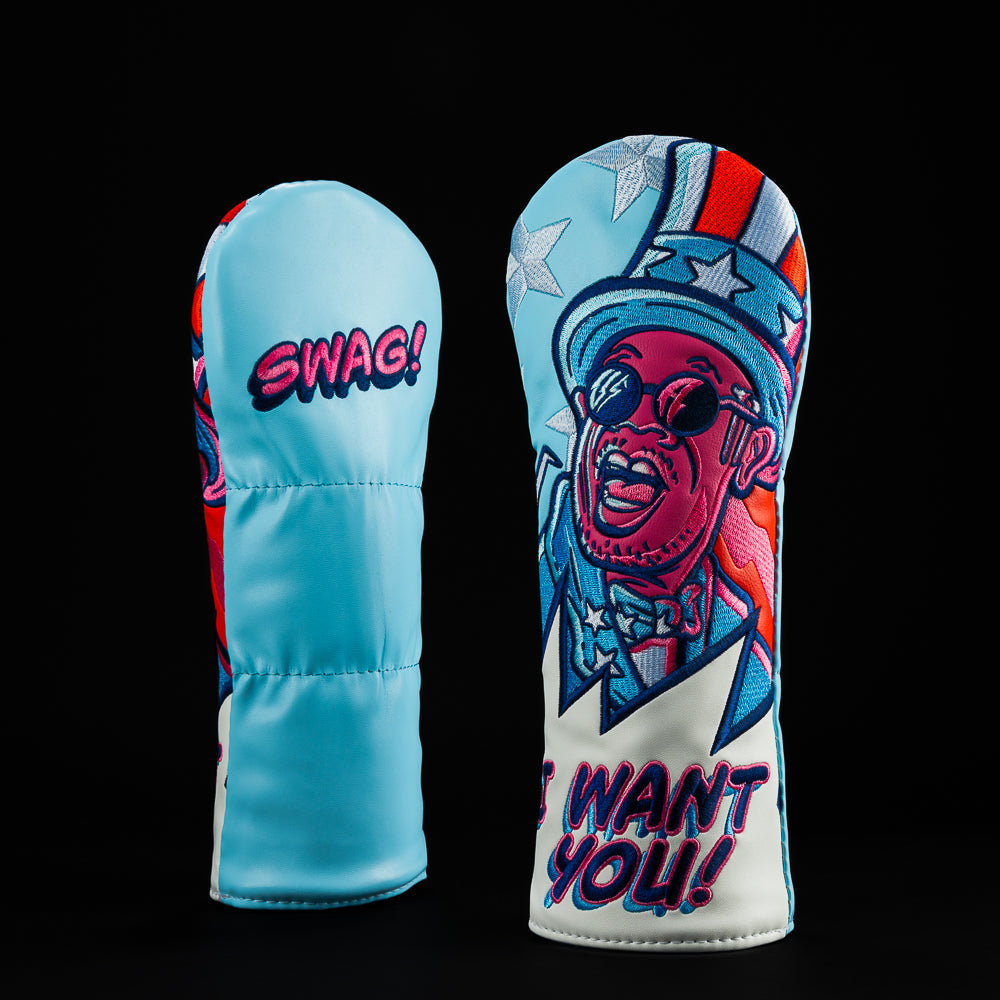 Uncle Samuel fairway headcover with patriotic red, white, and blue design featuring a bold illustrated character. 