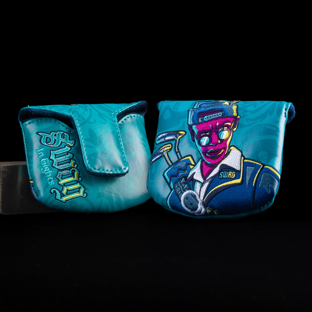 Swag in Tights green with purple mallet golf club head cover made in the USA.