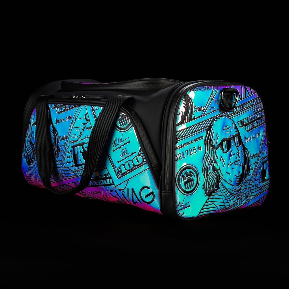 SWAG Golf Pearlescent Franklin iridescent and black golf duffel bag accessory.
