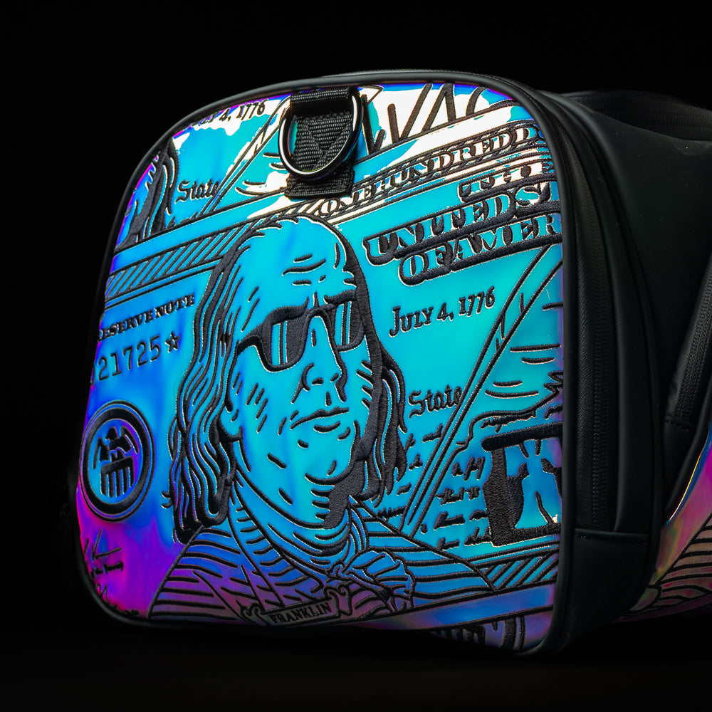 SWAG Golf Pearlescent Franklin iridescent and black golf duffel bag accessory.