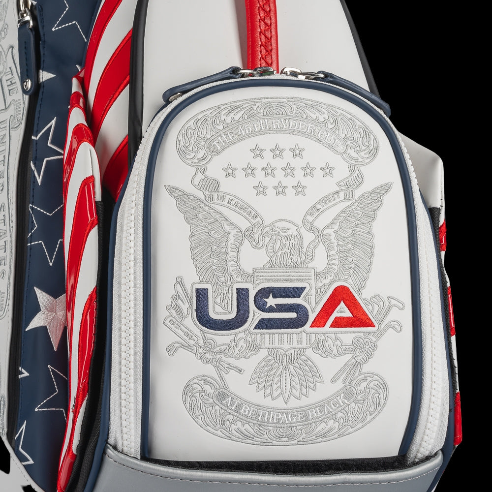 SWAG Golf x Official Ryder Cup 2024 Team Vessel Prime Staff 2.0 golf bag. Featuring a red, white, and blue USA design.