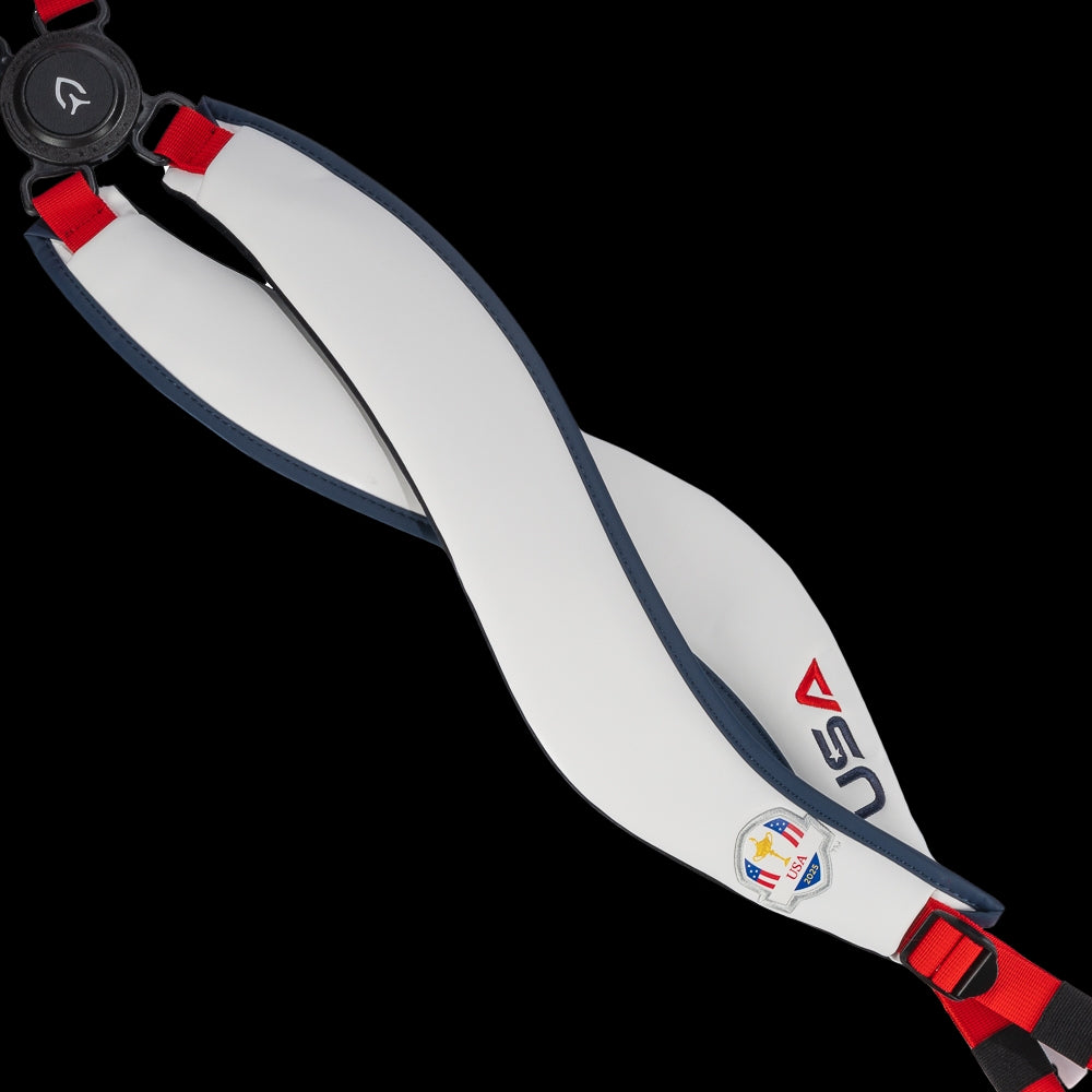 SWAG Golf x Official Ryder Cup 2024 Team Vessel VLS Lux golf stand bag. Featuring a red, white, and blue USA design.