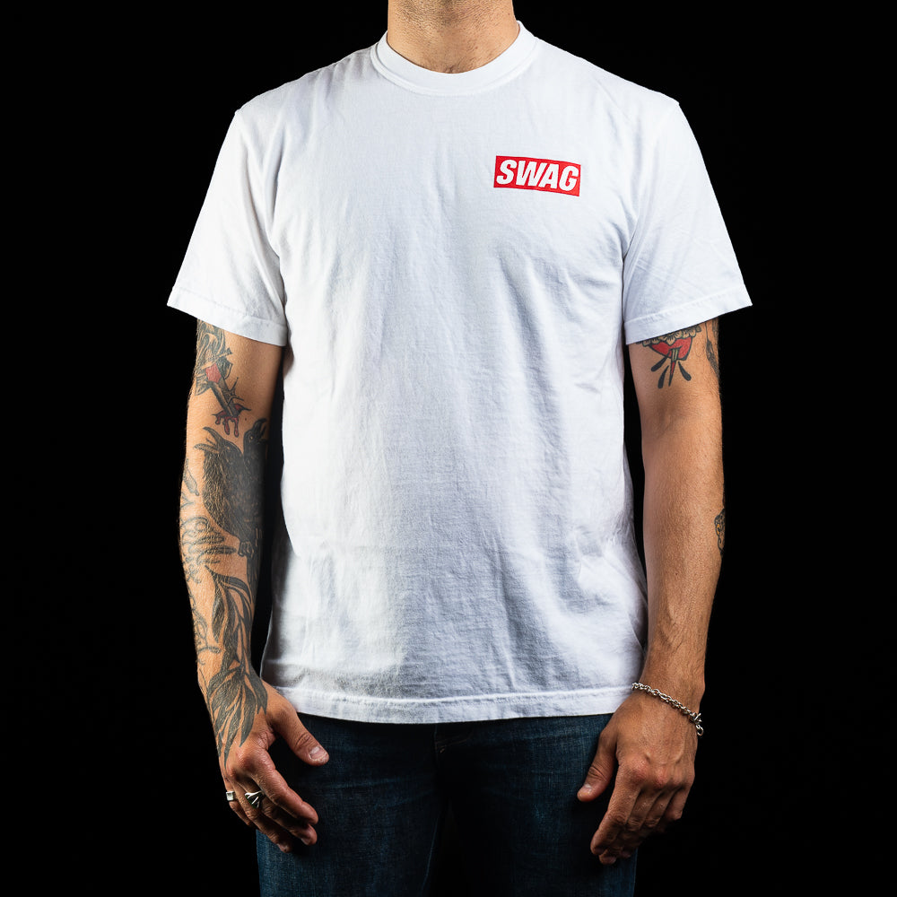 SWAG Golf men's white short sleeve graphic t-shirt with dripping skull print and red SWAG logo.