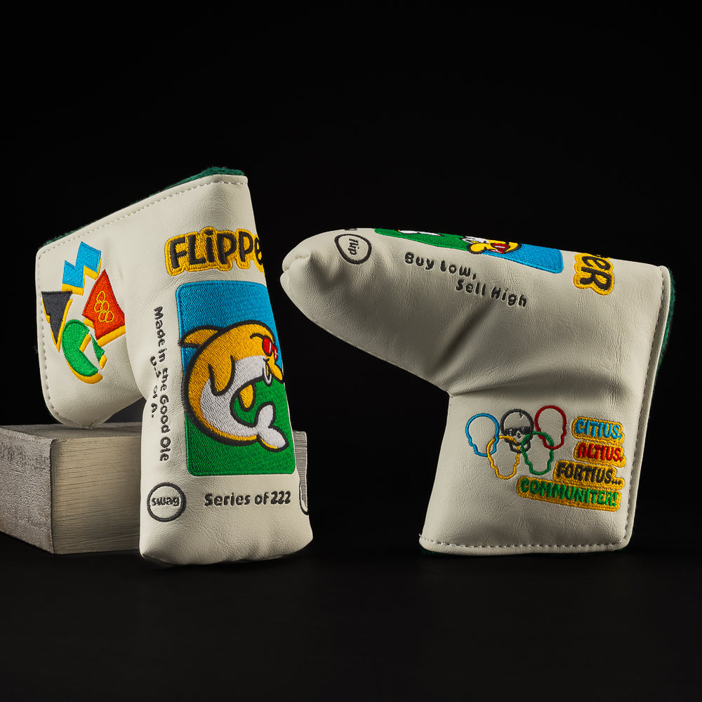 Swag Summer Games flipper white, yellow, blue and green blade putter gold headcover made in the USA.