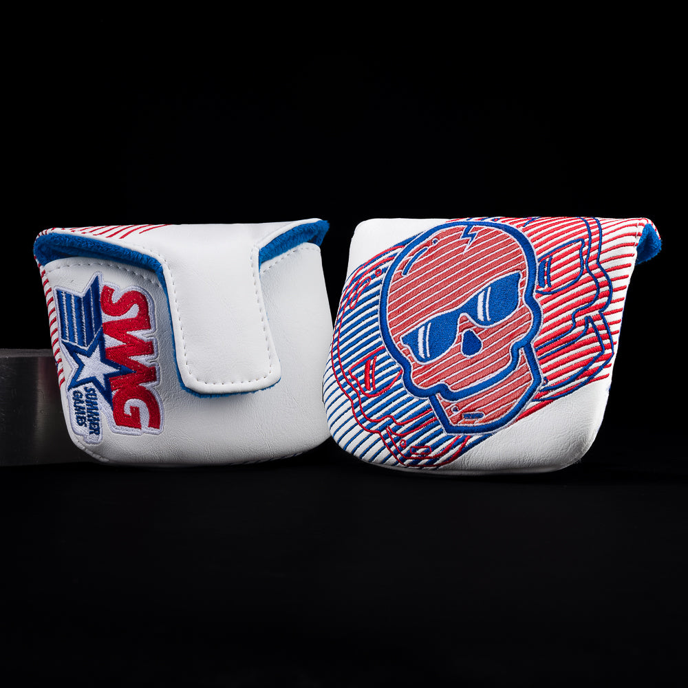 All-Star Skull white with red, blue, yellow and green stitching mallet golf club head cover.